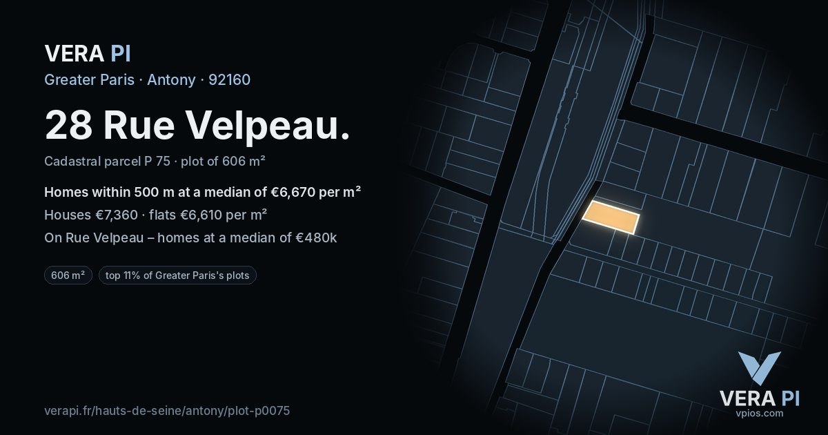 28 Rue Velpeau, Antony at night – the plot lit, the parcels around coloured by the prices near them
