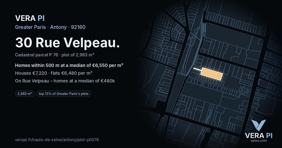 30 Rue Velpeau, Antony at night – the plot lit, the parcels around coloured by the prices near them