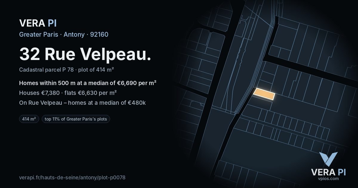 32 Rue Velpeau, Antony at night – the plot lit, the parcels around coloured by the prices near them