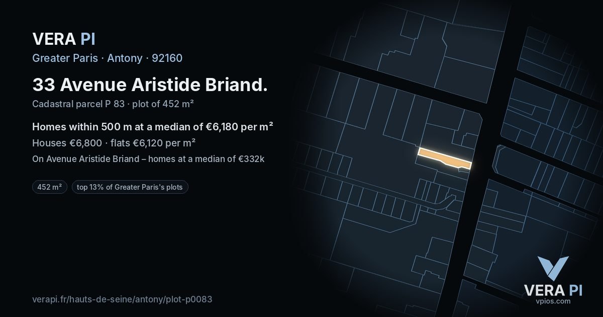 33 Avenue Aristide Briand, Antony at night – the plot lit, the parcels around coloured by the prices near them