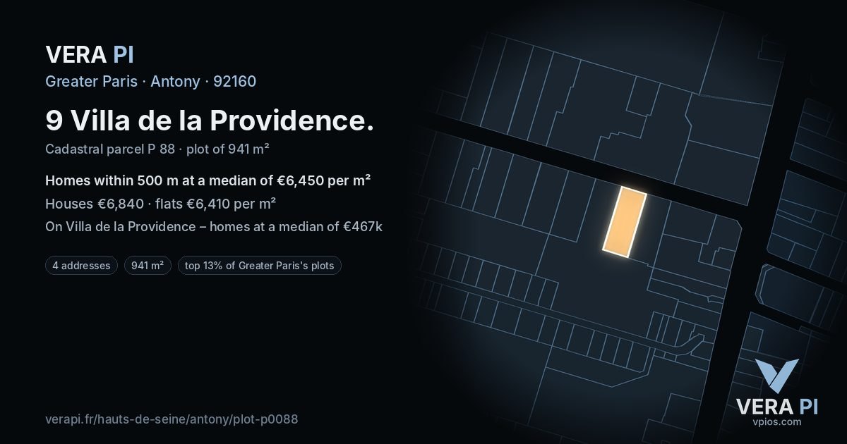 9 Villa de la Providence, Antony at night – the plot lit, the parcels around coloured by the prices near them
