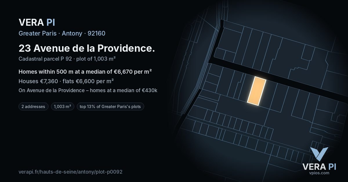 23 Avenue de la Providence, Antony at night – the plot lit, the parcels around coloured by the prices near them