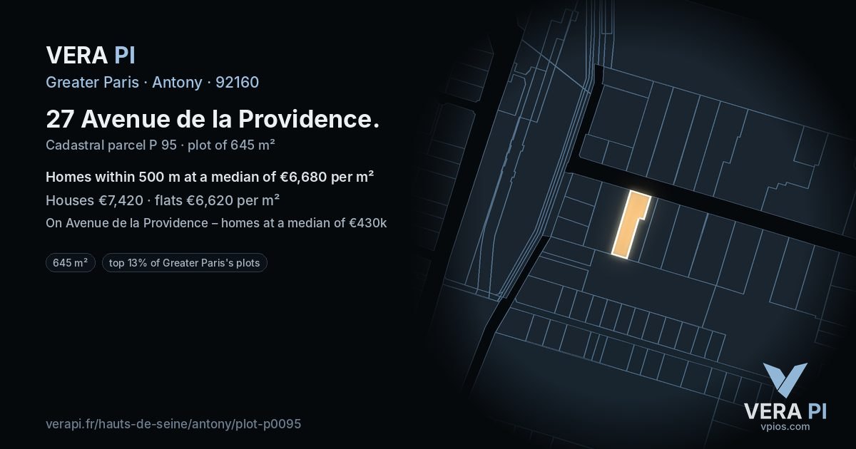 27 Avenue de la Providence, Antony at night – the plot lit, the parcels around coloured by the prices near them