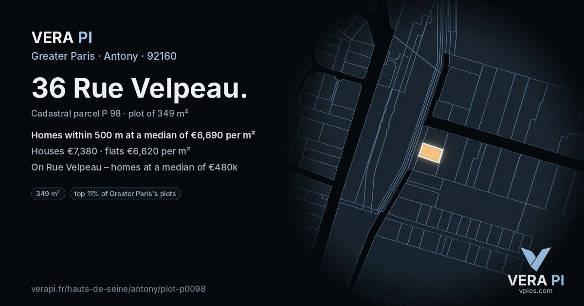 36 Rue Velpeau, Antony at night – the plot lit, the parcels around coloured by the prices near them