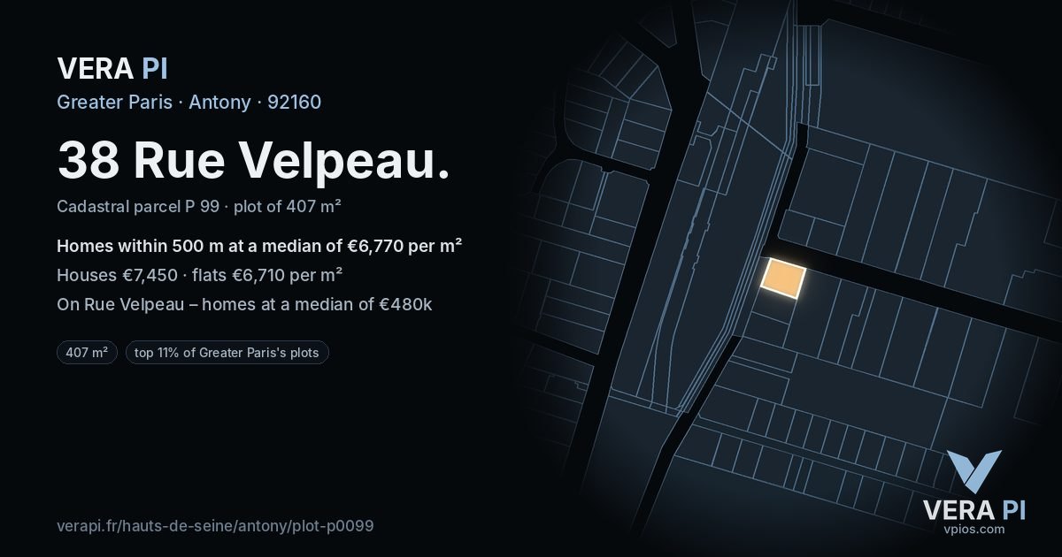 38 Rue Velpeau, Antony at night – the plot lit, the parcels around coloured by the prices near them