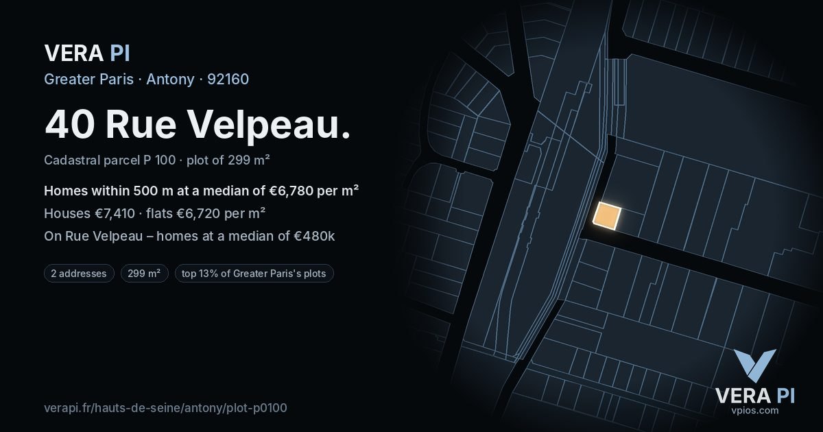 40 Rue Velpeau, Antony at night – the plot lit, the parcels around coloured by the prices near them