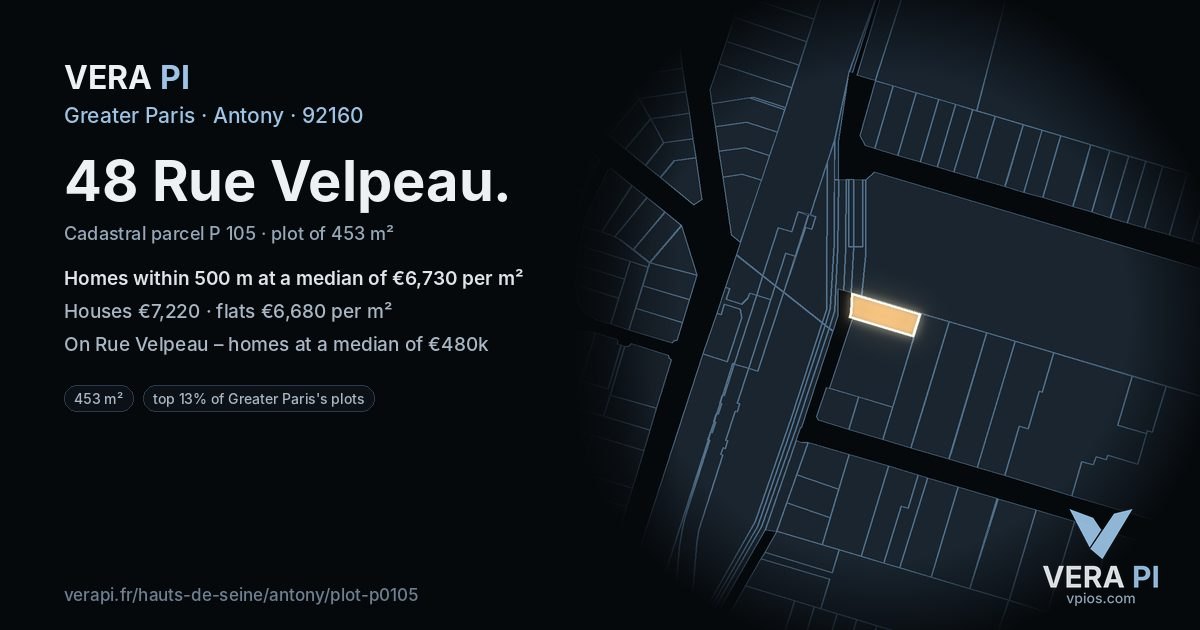 48 Rue Velpeau, Antony at night – the plot lit, the parcels around coloured by the prices near them