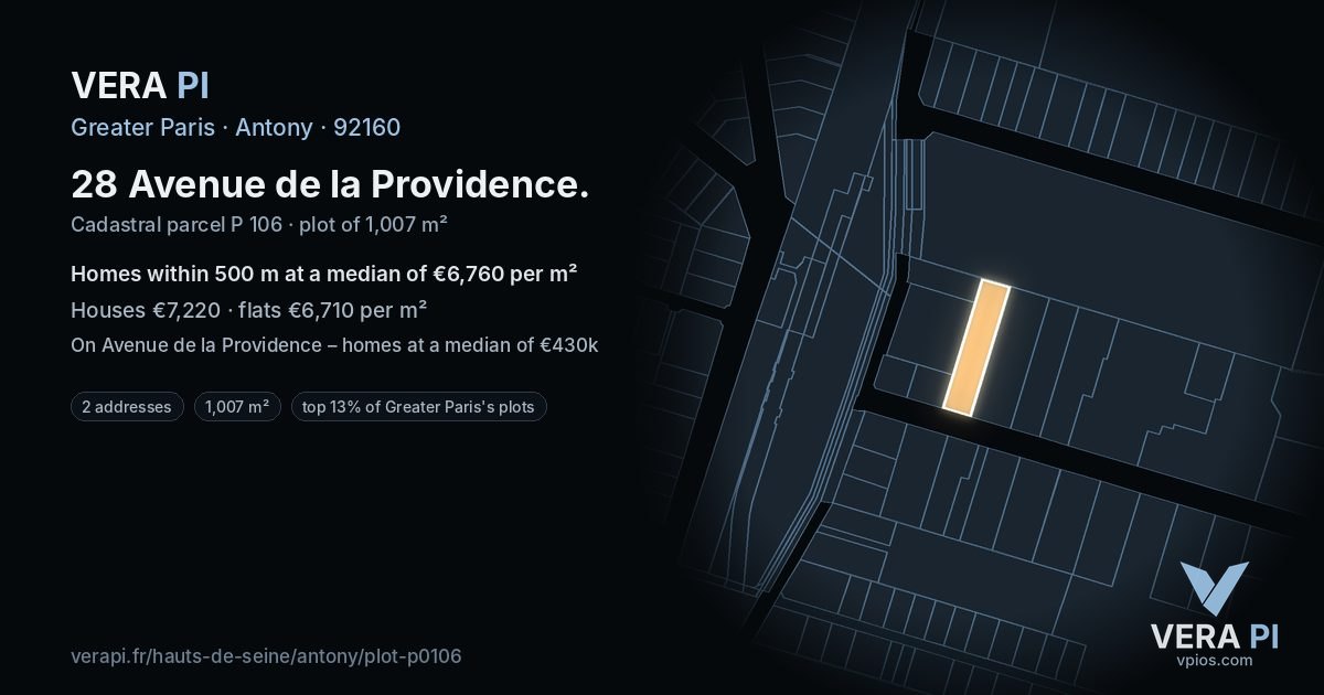 28 Avenue de la Providence, Antony at night – the plot lit, the parcels around coloured by the prices near them