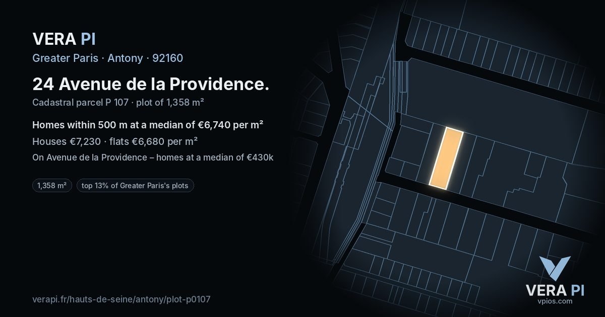 24 Avenue de la Providence, Antony at night – the plot lit, the parcels around coloured by the prices near them