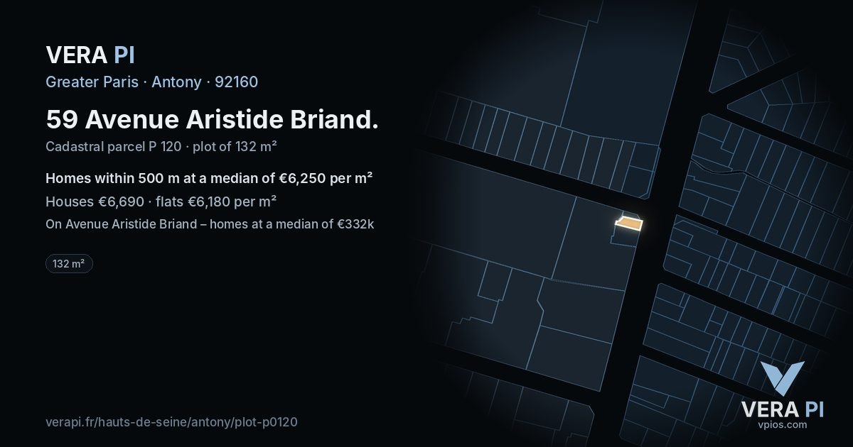 59 Avenue Aristide Briand, Antony at night – the plot lit, the parcels around coloured by the prices near them