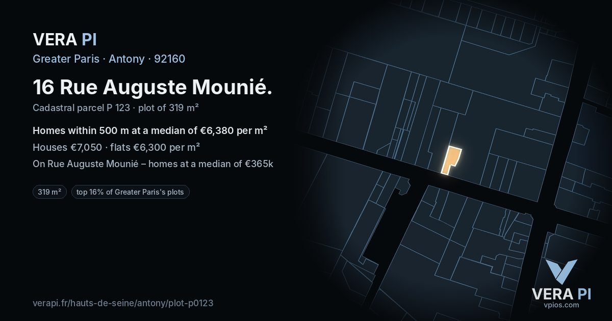 16 Rue Auguste Mounié, Antony at night – the plot lit, the parcels around coloured by the prices near them