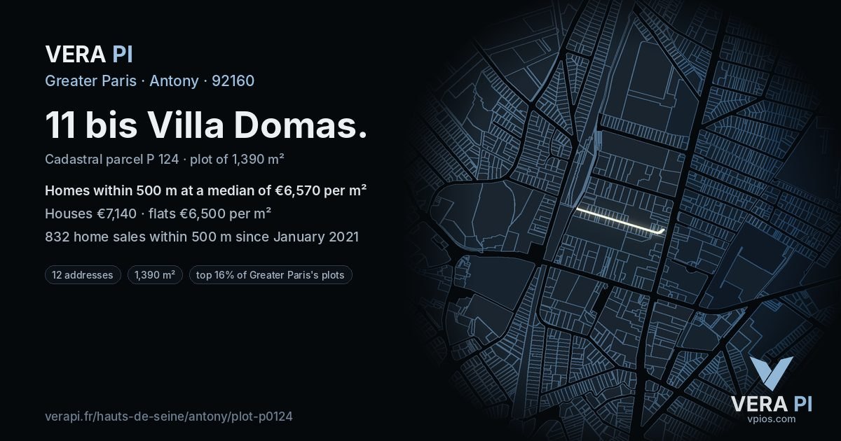 11 bis Villa Domas, Antony at night – the plot lit, the parcels around coloured by the prices near them