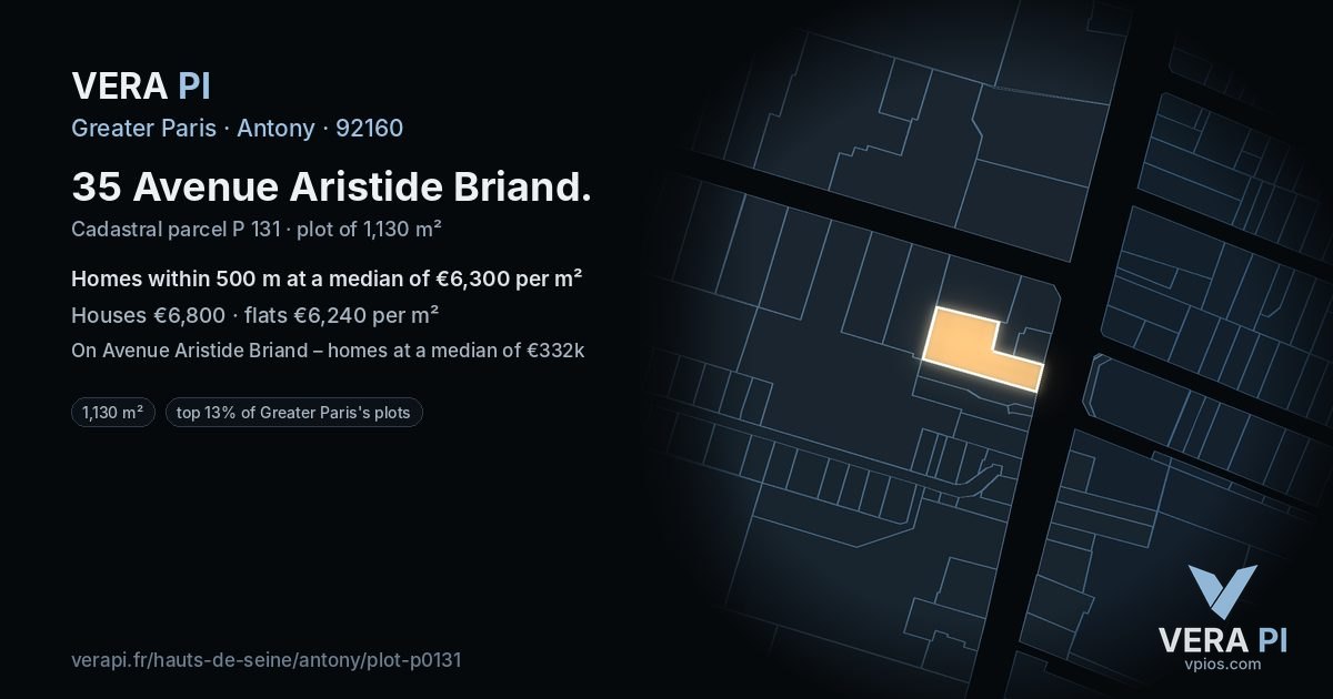 35 Avenue Aristide Briand, Antony at night – the plot lit, the parcels around coloured by the prices near them