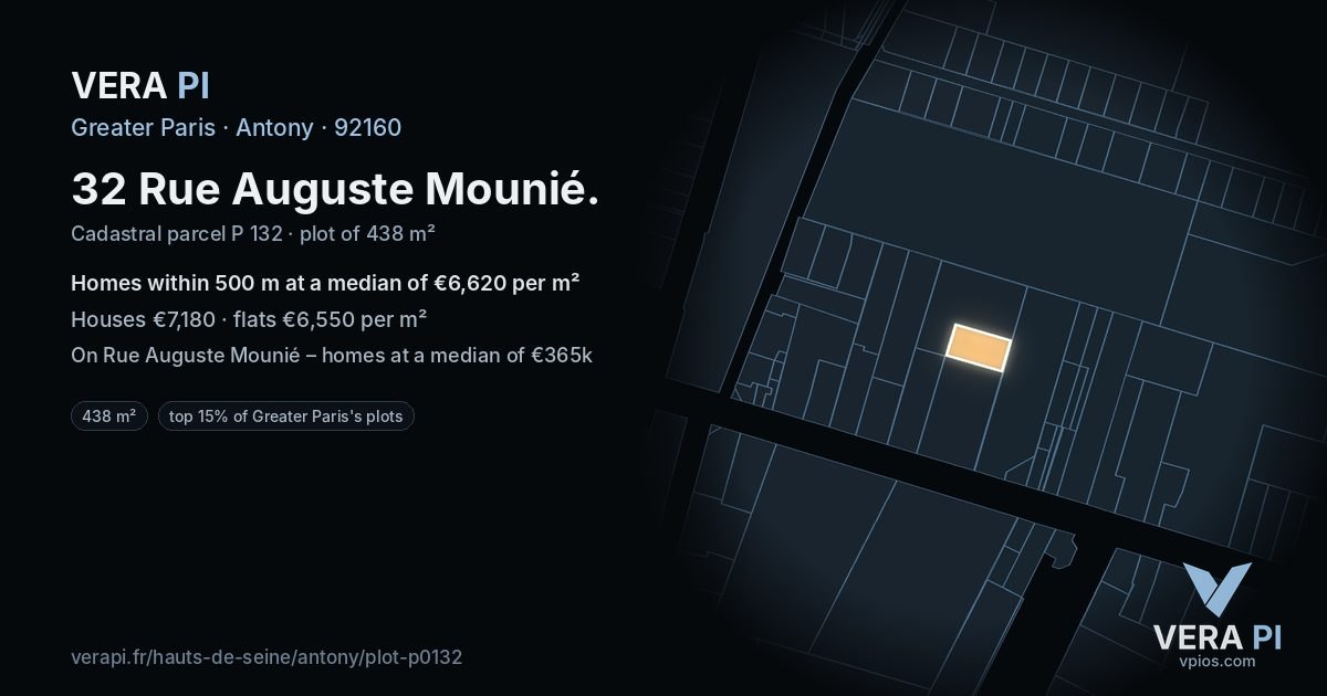 32 Rue Auguste Mounié, Antony at night – the plot lit, the parcels around coloured by the prices near them