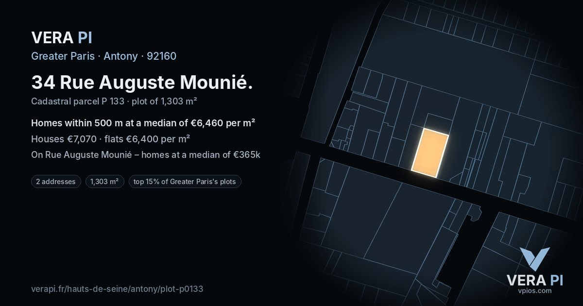34 Rue Auguste Mounié, Antony at night – the plot lit, the parcels around coloured by the prices near them