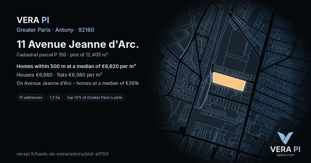 11 Avenue Jeanne d'Arc, Antony at night – the plot lit, the parcels around coloured by the prices near them
