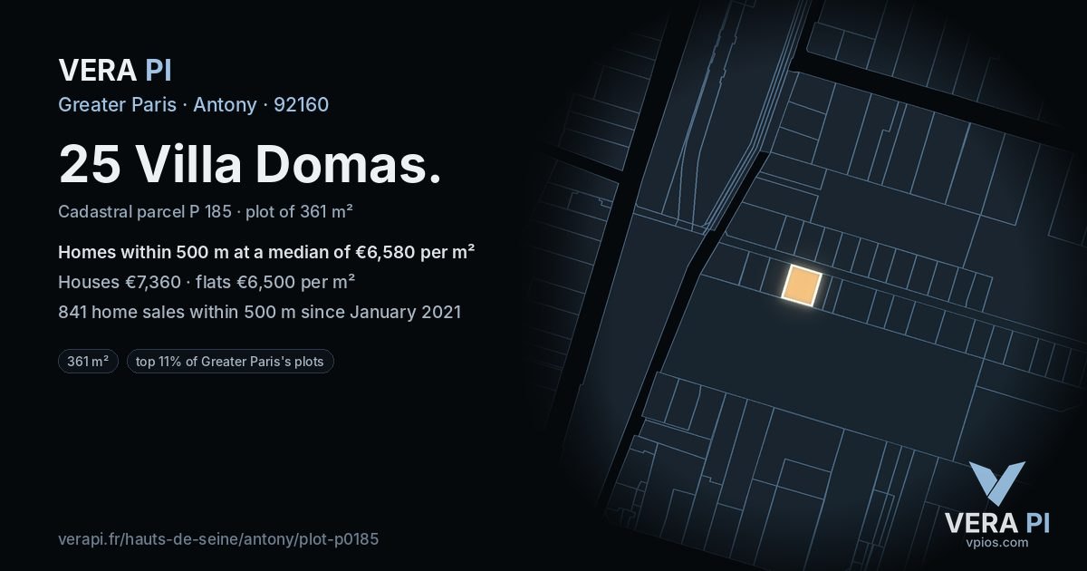 25 Villa Domas, Antony at night – the plot lit, the parcels around coloured by the prices near them