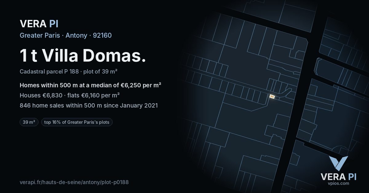 1 t Villa Domas, Antony at night – the plot lit, the parcels around coloured by the prices near them