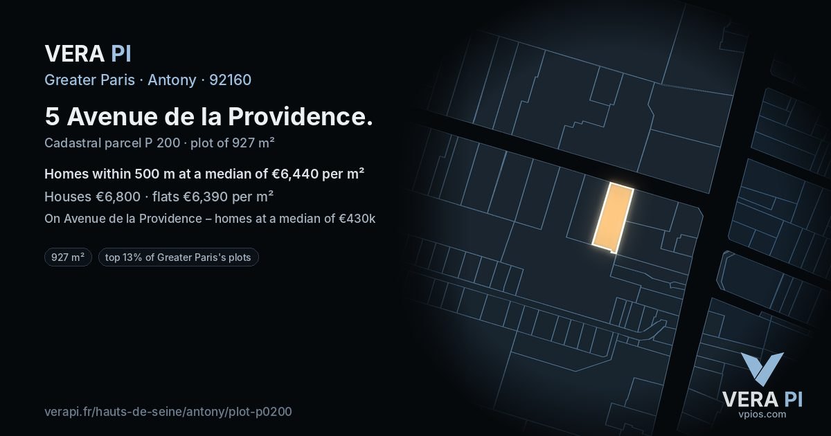 5 Avenue de la Providence, Antony at night – the plot lit, the parcels around coloured by the prices near them