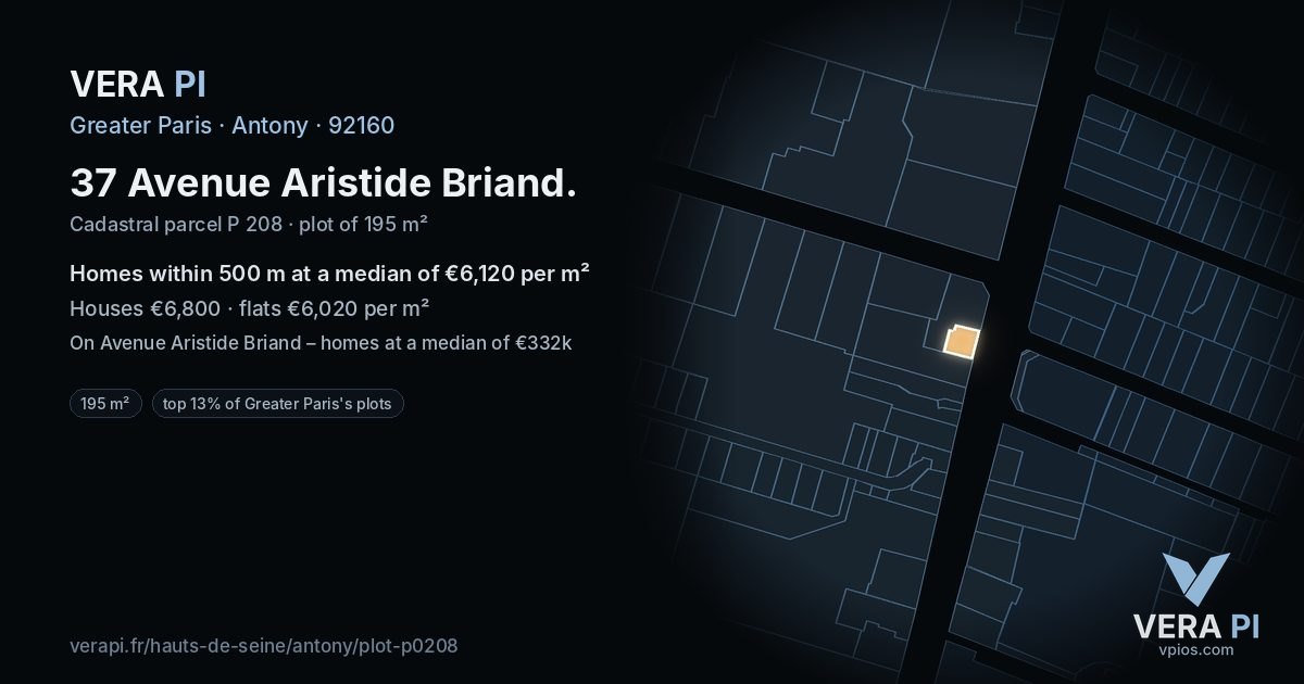 37 Avenue Aristide Briand, Antony at night – the plot lit, the parcels around coloured by the prices near them