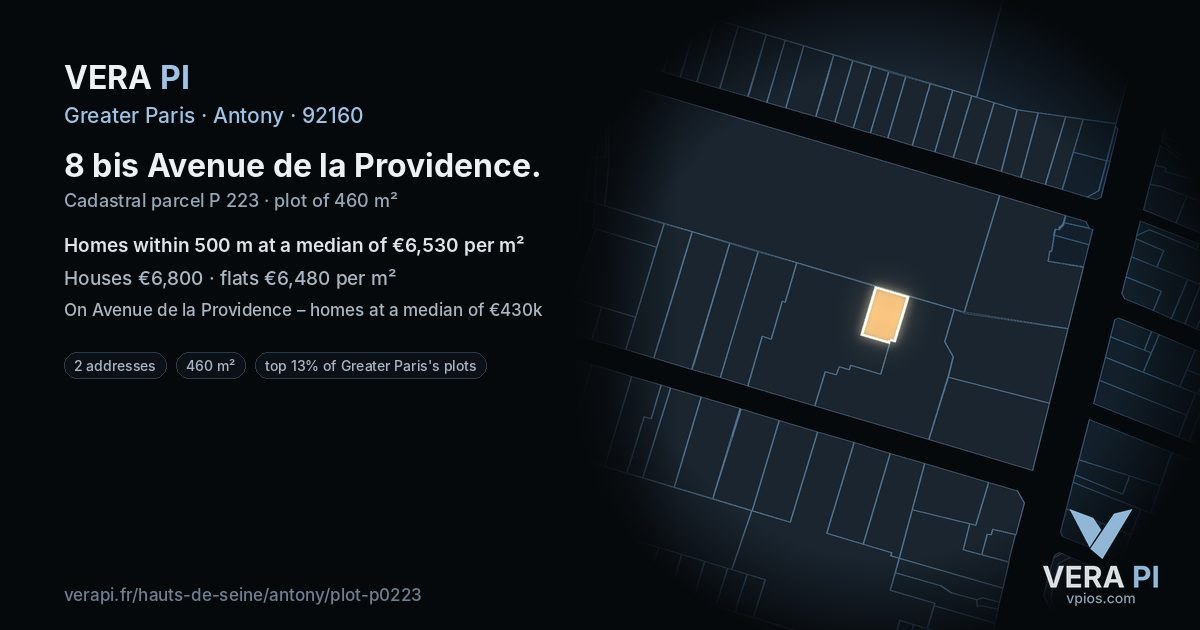 8 bis Avenue de la Providence, Antony at night – the plot lit, the parcels around coloured by the prices near them