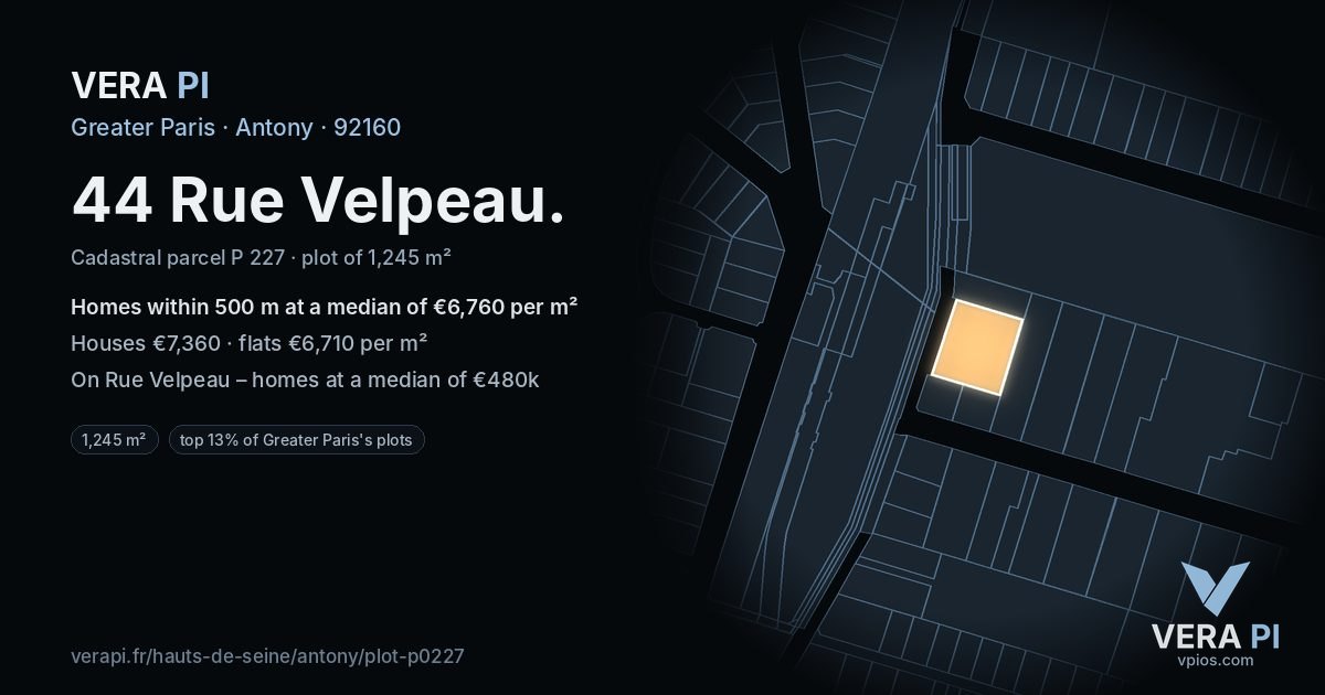 44 Rue Velpeau, Antony at night – the plot lit, the parcels around coloured by the prices near them