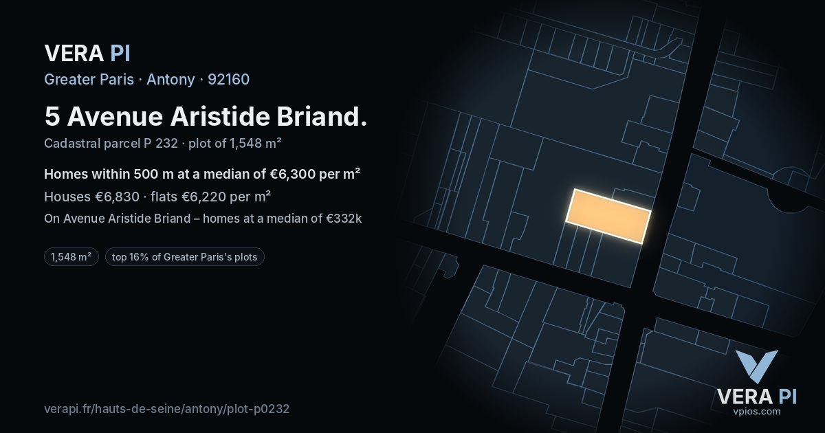5 Avenue Aristide Briand, Antony at night – the plot lit, the parcels around coloured by the prices near them