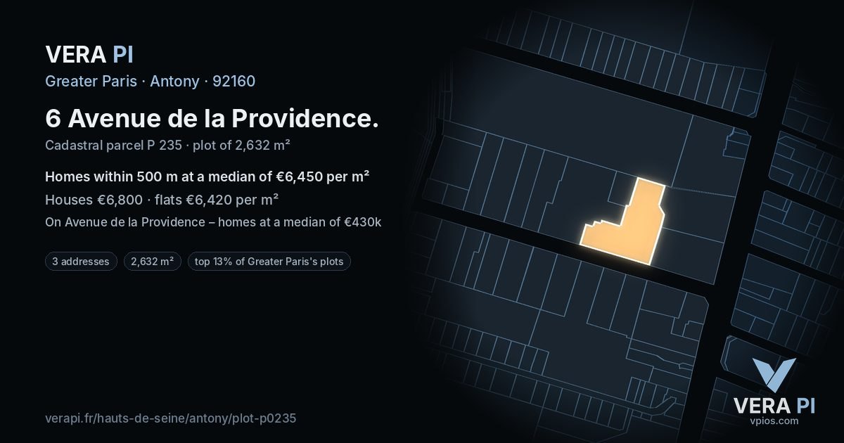 6 Avenue de la Providence, Antony at night – the plot lit, the parcels around coloured by the prices near them