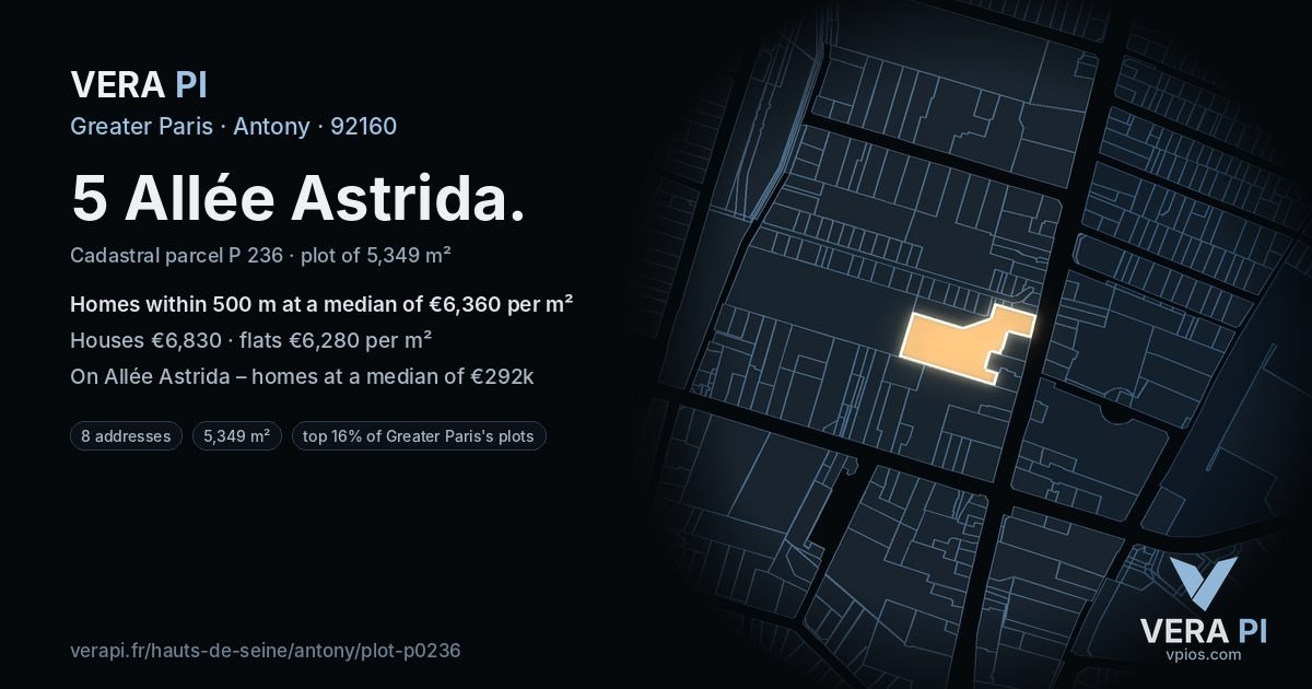 5 Allée Astrida, Antony at night – the plot lit, the parcels around coloured by the prices near them