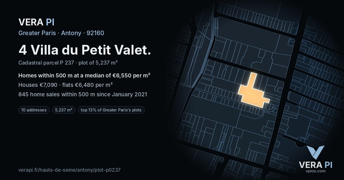 4 Villa du Petit Valet, Antony at night – the plot lit, the parcels around coloured by the prices near them
