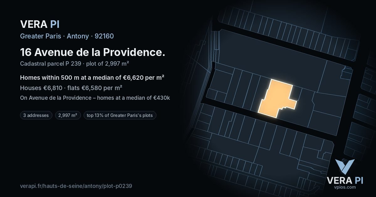 16 Avenue de la Providence, Antony at night – the plot lit, the parcels around coloured by the prices near them