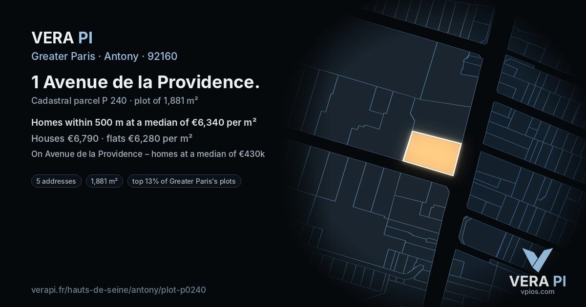 1 Avenue de la Providence, Antony at night – the plot lit, the parcels around coloured by the prices near them