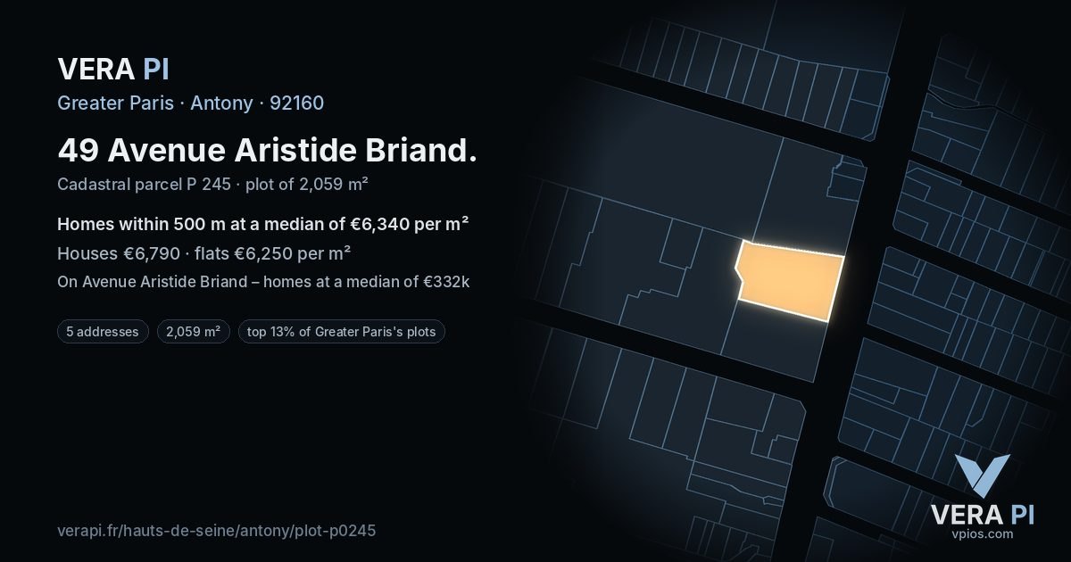 49 Avenue Aristide Briand, Antony at night – the plot lit, the parcels around coloured by the prices near them