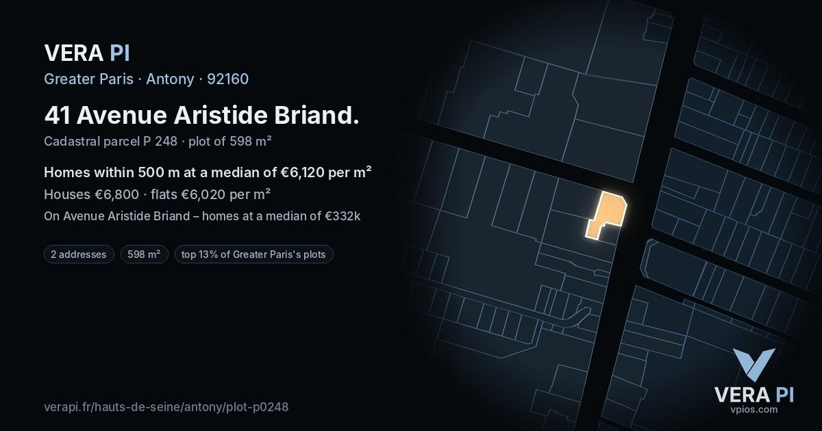 41 Avenue Aristide Briand, Antony at night – the plot lit, the parcels around coloured by the prices near them