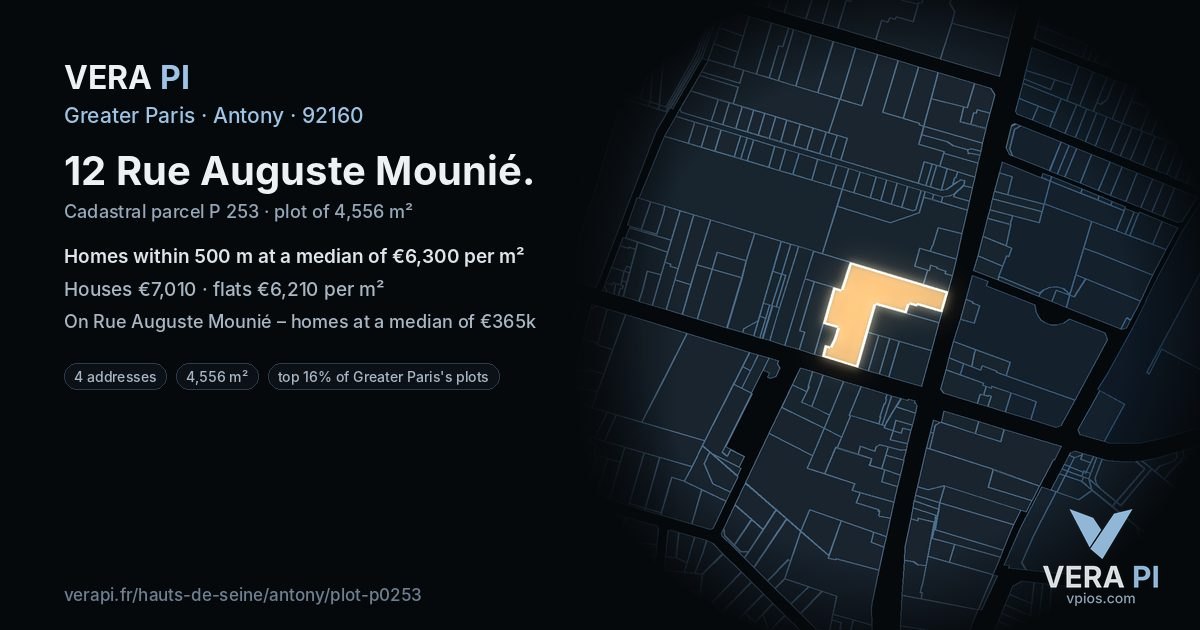 12 Rue Auguste Mounié, Antony at night – the plot lit, the parcels around coloured by the prices near them