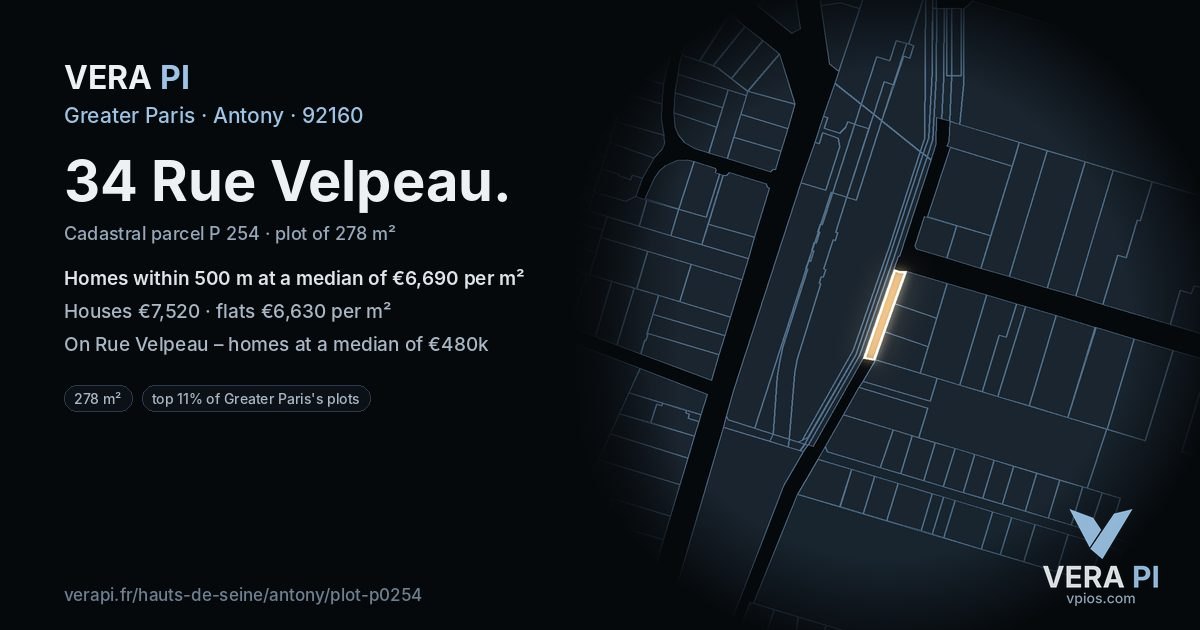 34 Rue Velpeau, Antony at night – the plot lit, the parcels around coloured by the prices near them