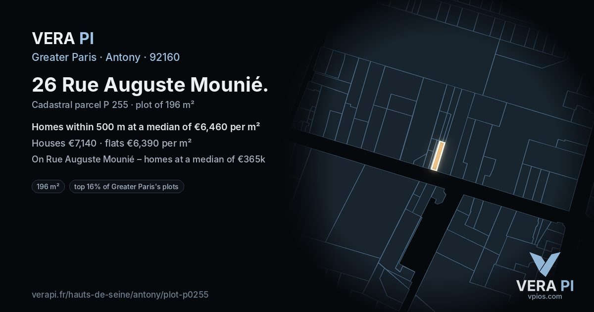 26 Rue Auguste Mounié, Antony at night – the plot lit, the parcels around coloured by the prices near them