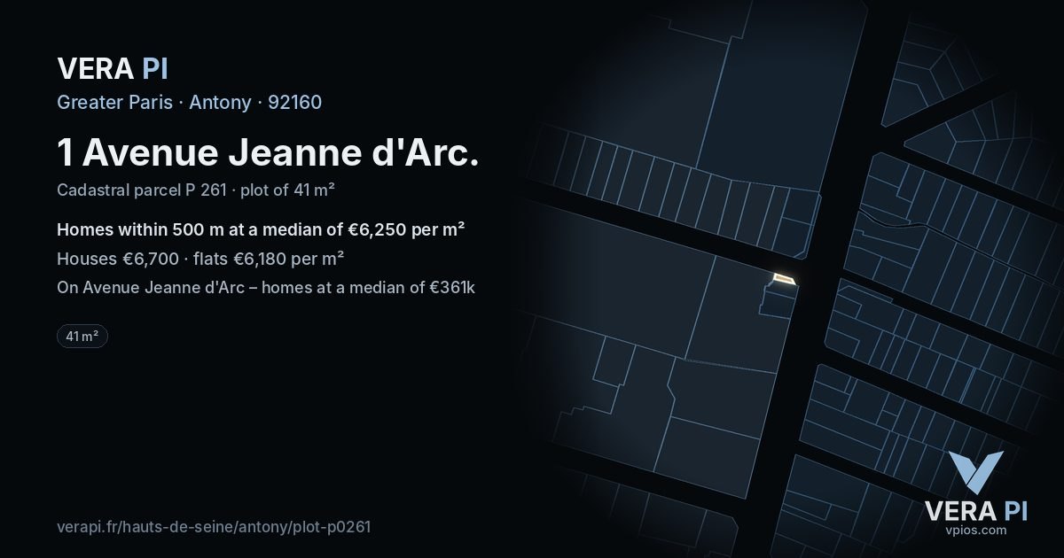 1 Avenue Jeanne d'Arc, Antony at night – the plot lit, the parcels around coloured by the prices near them