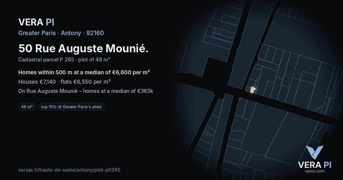 50 Rue Auguste Mounié, Antony at night – the plot lit, the parcels around coloured by the prices near them