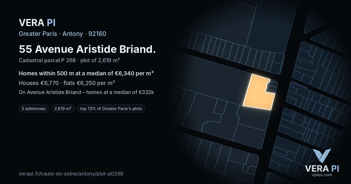55 Avenue Aristide Briand, Antony at night – the plot lit, the parcels around coloured by the prices near them