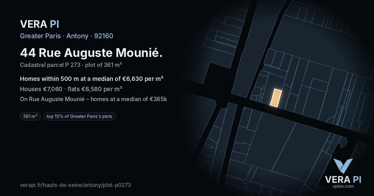 44 Rue Auguste Mounié, Antony at night – the plot lit, the parcels around coloured by the prices near them