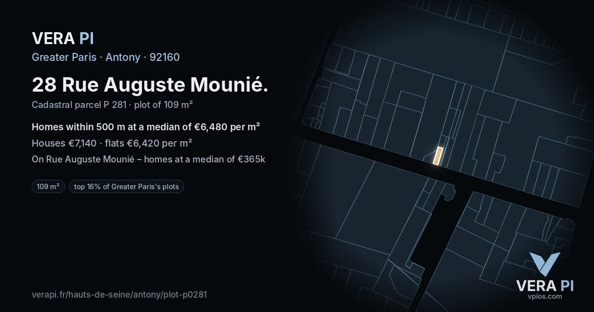 28 Rue Auguste Mounié, Antony at night – the plot lit, the parcels around coloured by the prices near them