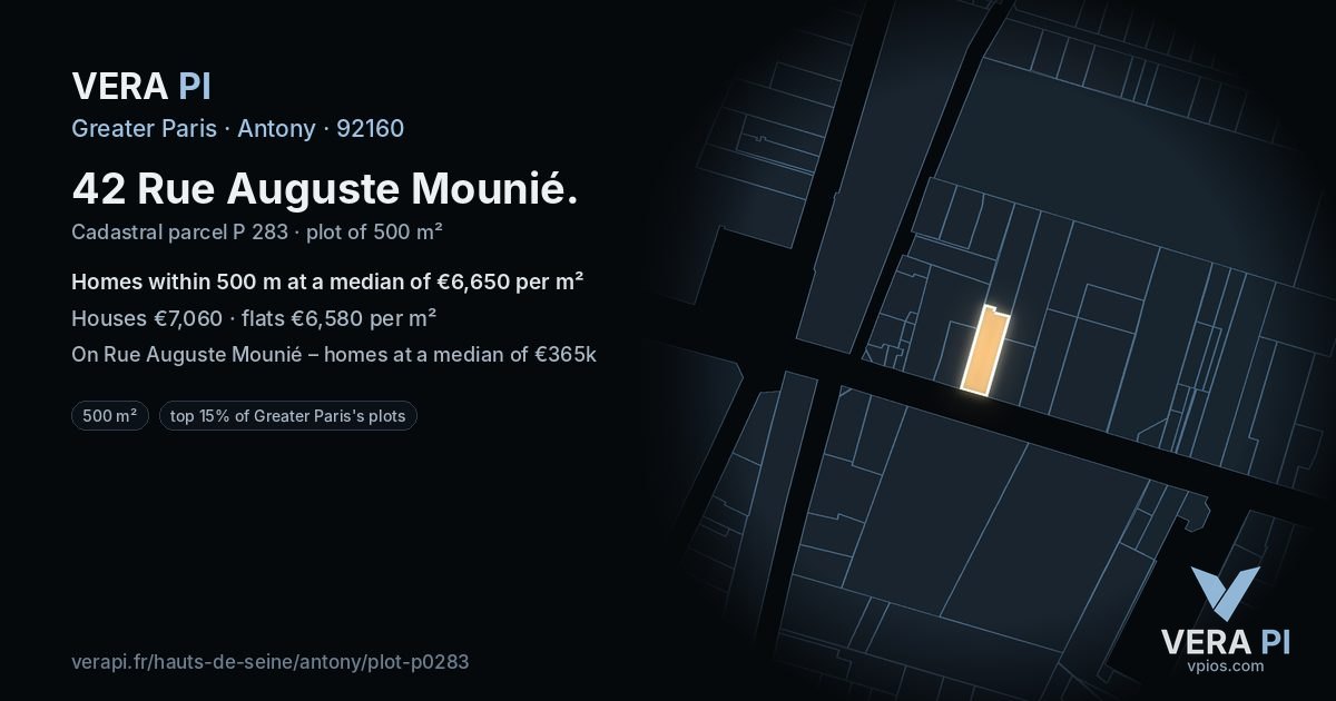 42 Rue Auguste Mounié, Antony at night – the plot lit, the parcels around coloured by the prices near them