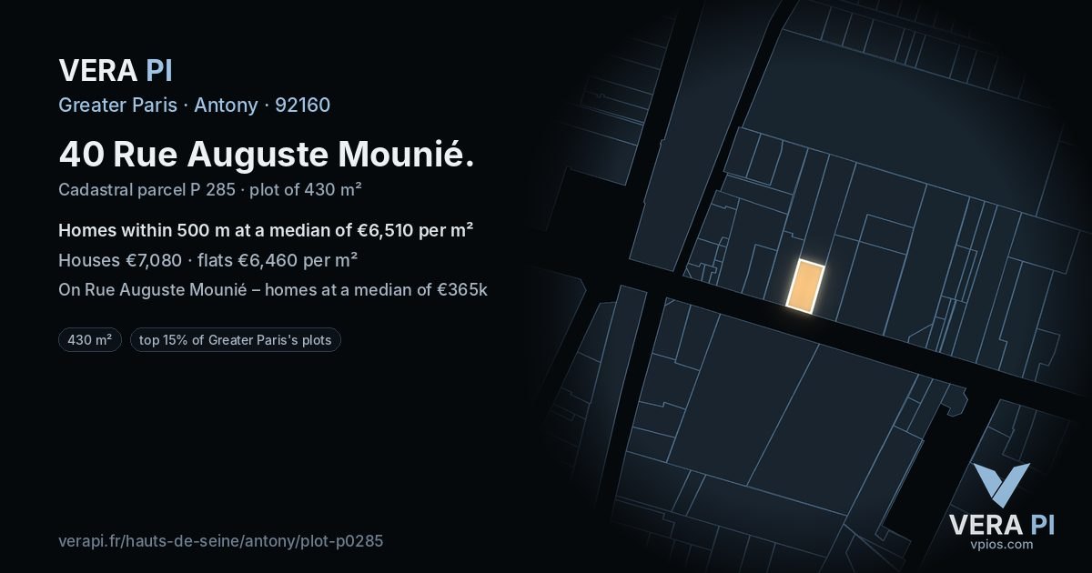 40 Rue Auguste Mounié, Antony at night – the plot lit, the parcels around coloured by the prices near them