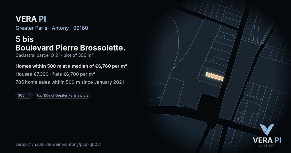 5 bis Boulevard Pierre Brossolette, Antony at night – the plot lit, the parcels around coloured by the prices near them