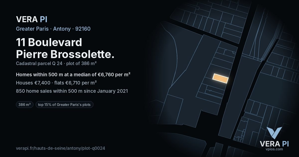 11 Boulevard Pierre Brossolette, Antony at night – the plot lit, the parcels around coloured by the prices near them