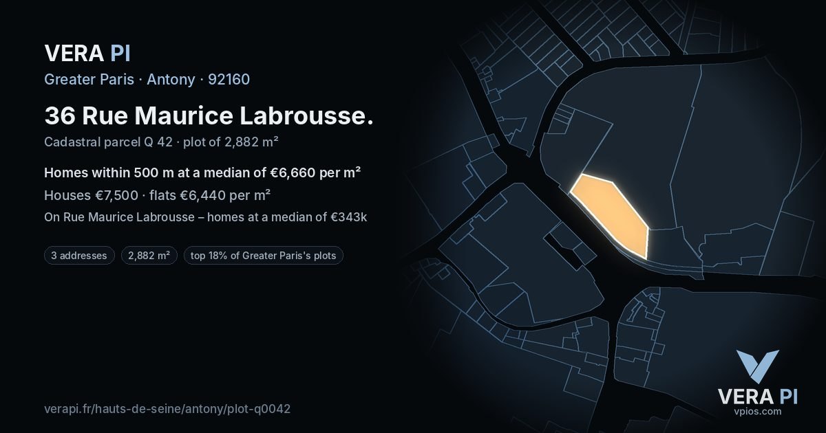 36 Rue Maurice Labrousse, Antony at night – the plot lit, the parcels around coloured by the prices near them