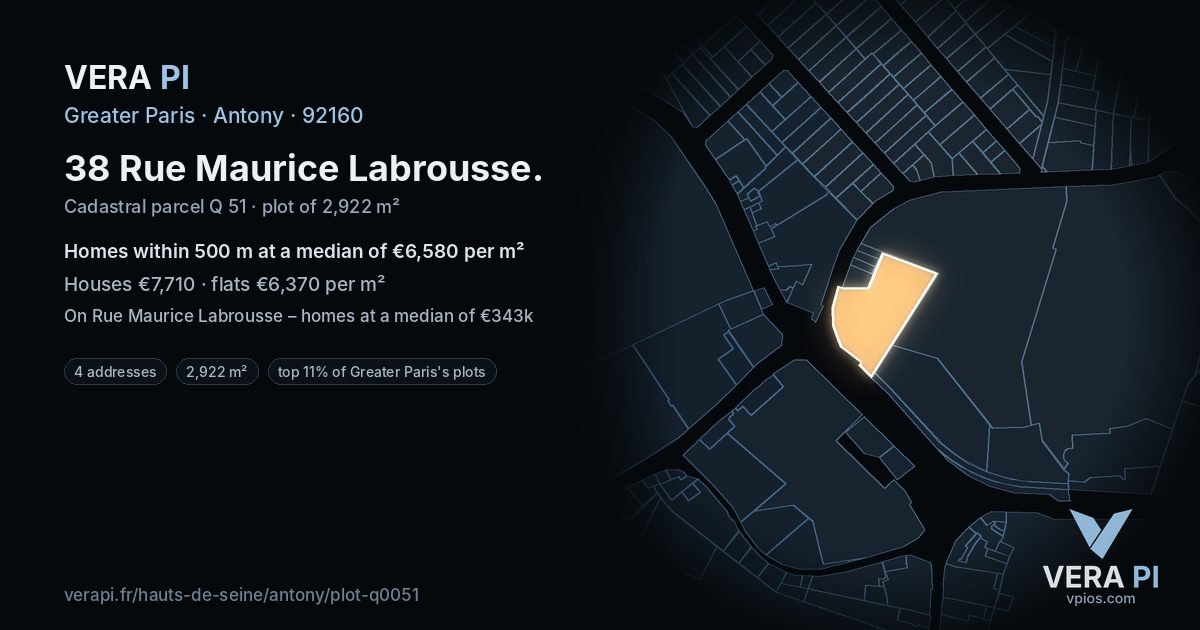 38 Rue Maurice Labrousse, Antony at night – the plot lit, the parcels around coloured by the prices near them