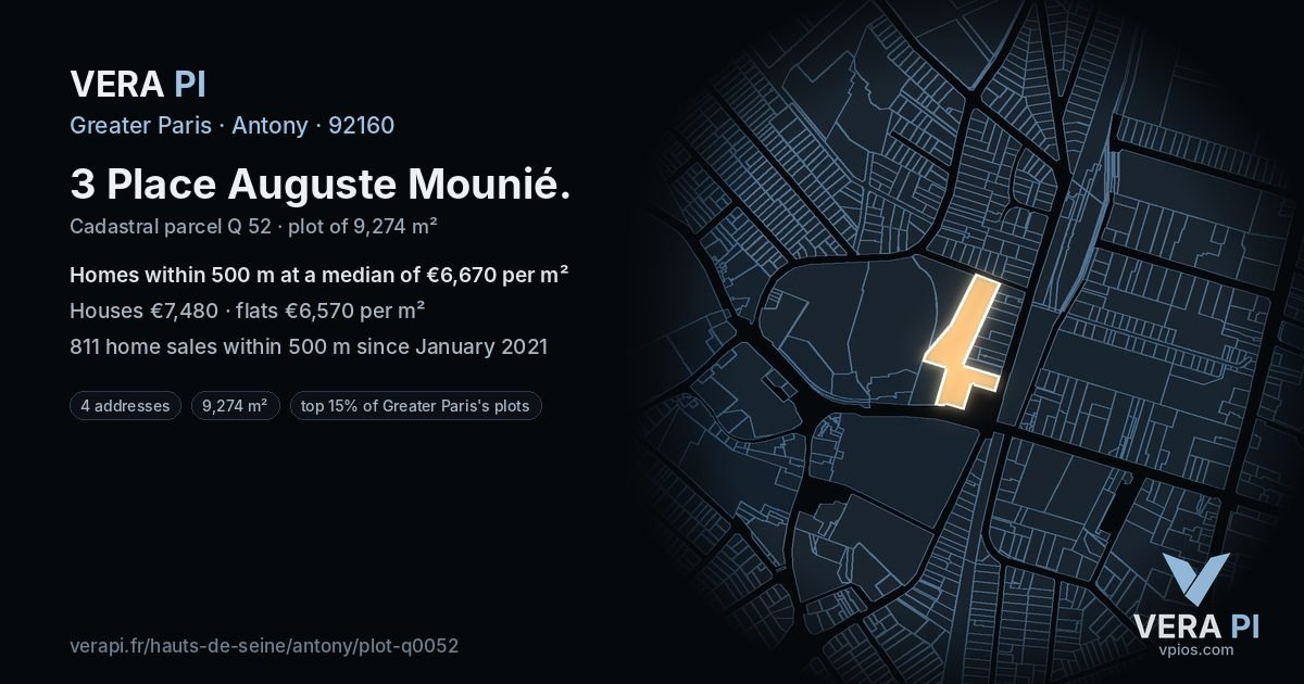 3 Place Auguste Mounié, Antony at night – the plot lit, the parcels around coloured by the prices near them