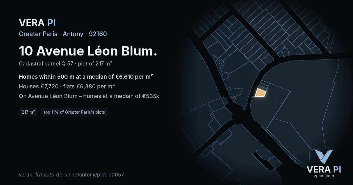 10 Avenue Léon Blum, Antony at night – the plot lit, the parcels around coloured by the prices near them